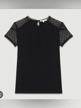 Maje Black TRIBOR T-shirt with Swiss Dot Inlay Lace